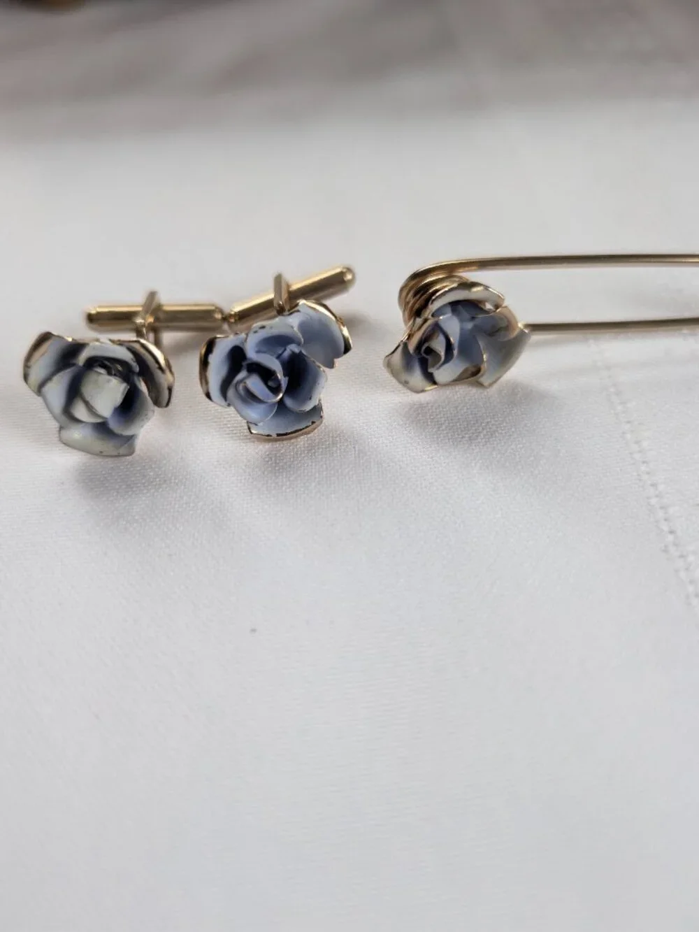 Vintage Cornflower Blue Enameled Rose Cufflinks and Tie Pin Set